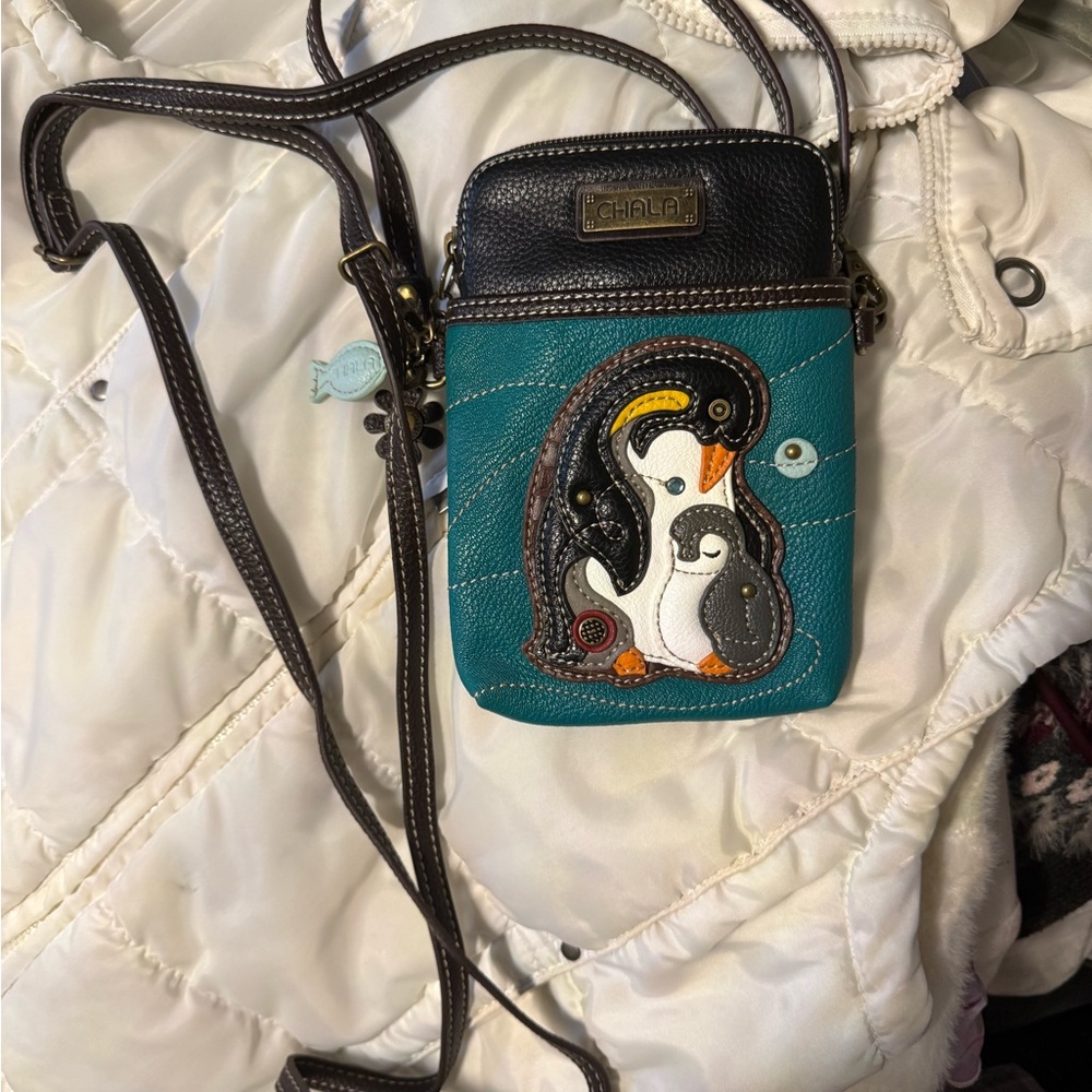 Chala Teal and Black Crossbody Bag with Penguin Design 7 1/2 L x 5 1/4 W